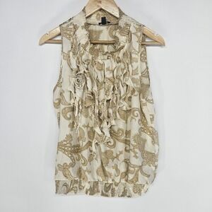 Piano Blouse Women Large Cream Gold Paisley Ruffle Neck Sleeveless Sheer Top L